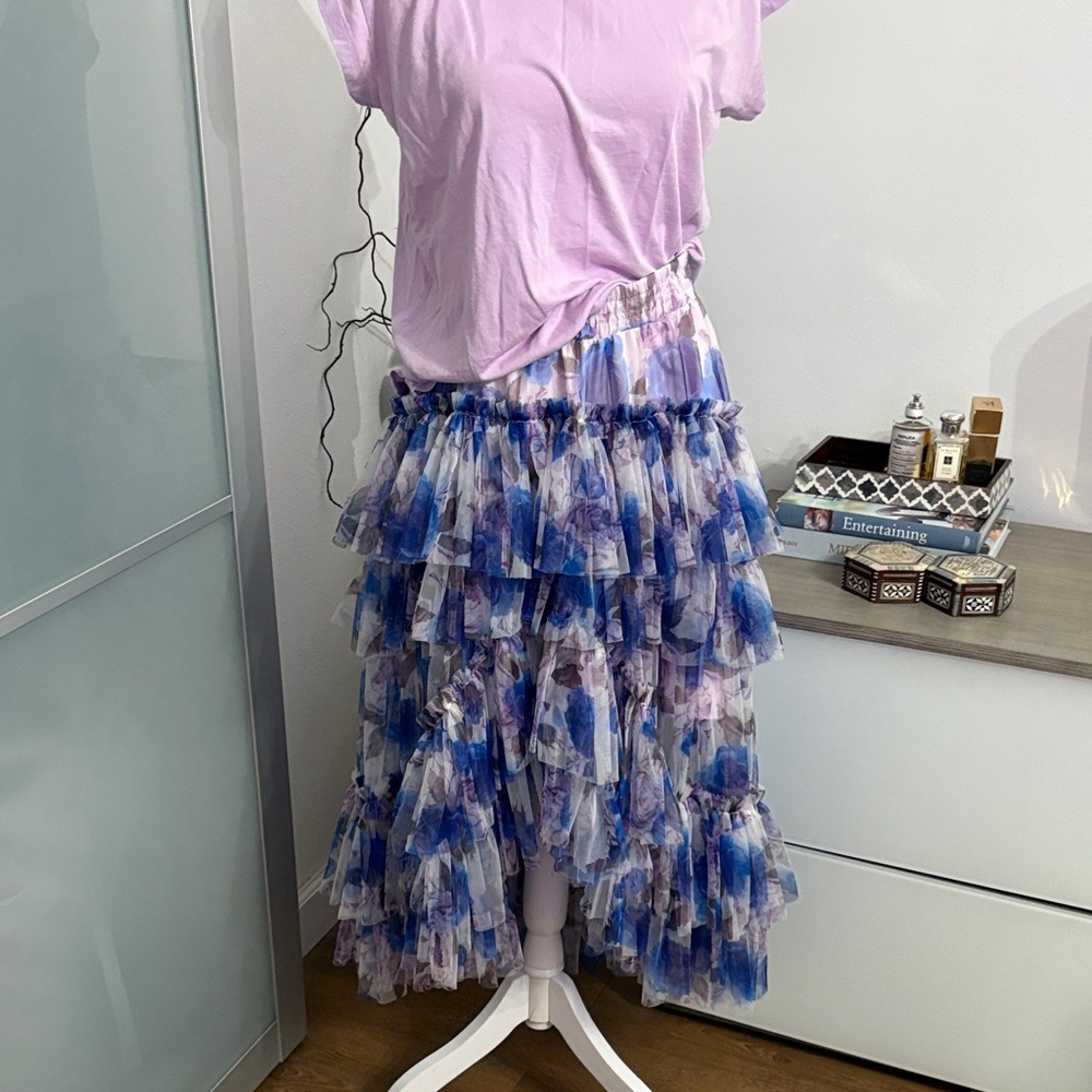 Beulah hi-low Floral Skirt in Blue and Purple tulle